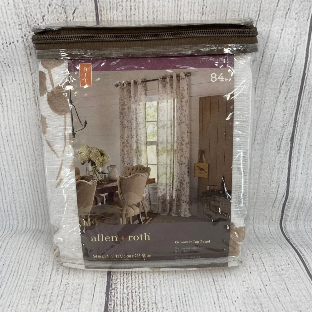 allen + roth Grommet Top Panel 54x84 Tan White Floral Vine Linen Blend Curtain